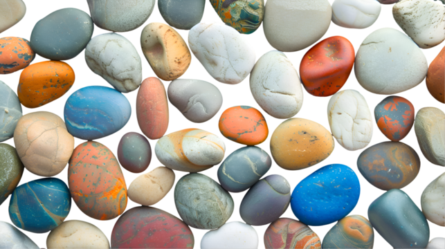  A collection of colorful pebbles scattered across a transparent background