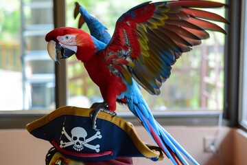 parrot flapping wings while perched on pirate hat in room
