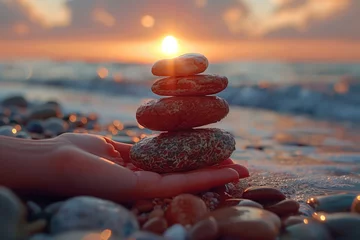 Fototapete Steine​ im Sand woman's hand stacking in balance glass stones on beach at sunsetStack of pebble stones on the beach at sunset. Zen concept, stacking in balance glass stones on beach at sunset. generative AI