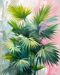 Strong brush stroke oil Painting  features  Vintage Boho style Palm leaves  tropical foliage Garden soft pink neutral tone color , artwork for wall art, home decor and background 