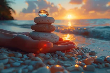 Fotobehang woman's hand stacking in balance glass stones on beach at sunset Stack of pebble stones on the beach at sunset. Zen concept, stacking in balance glass stones on beach at sunset. generative AI © matteo