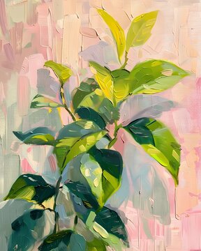 Strong brush stroke oil Painting  features  Vintage Boho style   Pothos tropical foliage Garden soft pink neutral tone color , artwork for wall art, home decor and background 