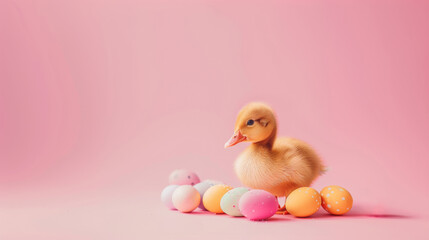 Easter duckling with Easter egg, isolated on a baby pink background, with free mockup space