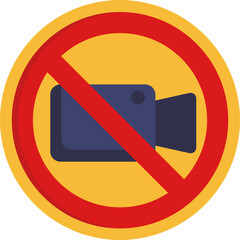 Icon depicting a crossed-out camera, indicating a restriction on filming or photography, commonly used in cinema settings to remind patrons of a no-camera policy. - obrazy, fototapety, plakaty