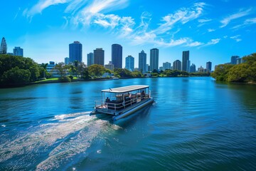 panoramic view of a pontoon boat cruising river with city skyline - obrazy, fototapety, plakaty