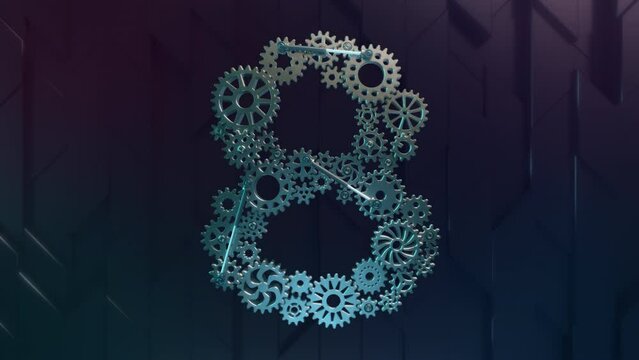 Digit 8 made of industrial metallic and slightly rusted cogwheels of various design and size are driven by hydraulic pistons. 4K Animation on Alpha. 1 of 10 digits of the same design.