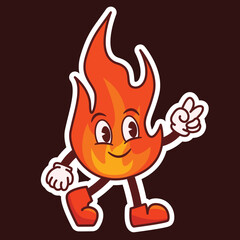 Fire character, funny vector character, sticker in groovy style, vector illustration