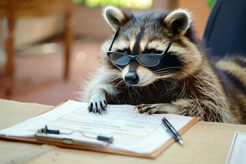 raccoon in glasses reading a patients chart, pen in hand - obrazy, fototapety, plakaty