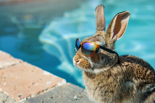 rabbit with reflective sunglasses next to a swimming pool