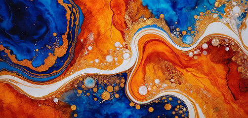 A stunning abstract fluid painting with rich, deep blues and vibrant oranges, interspersed with golden accents and white wisps, resembling a geode or an aerial view of a vivid, fiery landscape. - obrazy, fototapety, plakaty