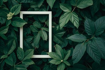 Creative layout made of green leaves with white frame,  Flat lay,  Nature concept