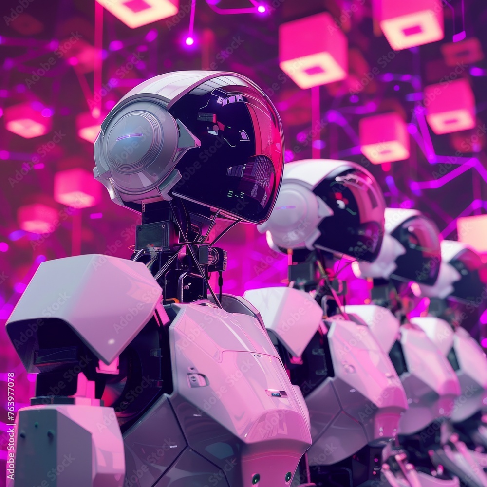 Poster a series of sleek, advanced robots with camera-like heads aligned systematically against a backdrop 