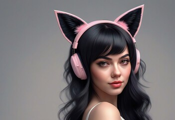 Portrait of a beautiful young woman with pink headphones listening to music