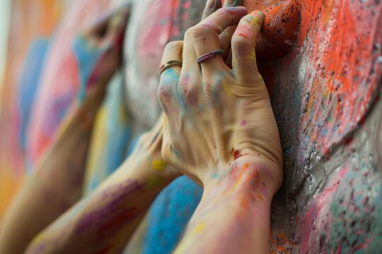 closeup of chalked hands gripping a colorful hold on indoor wall