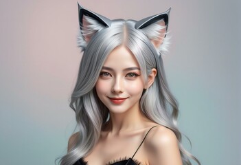 Portrait of a beautiful girl with silver hair and professional make-up on gray background