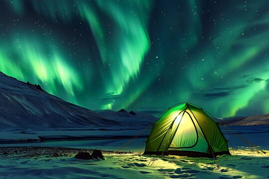 Aurora borealis over camping tent in the winter landscape