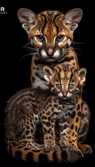 Male margay and margay kitten portrait with space for text, object on right side