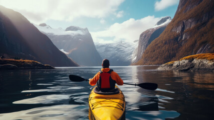 A tourist on a yellow kayak floats on a lake near the snowy mountains.