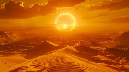 Majestic sahara desert landscape panorama at sunset with golden sand dunes stretching far and wide - obrazy, fototapety, plakaty
