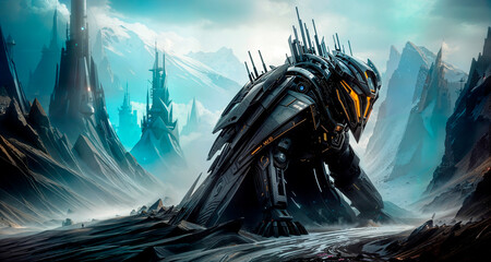 Futuristic looking robot standing on a rocky terrain with mountains in the background and a sky filled with clouds, fantasy art.