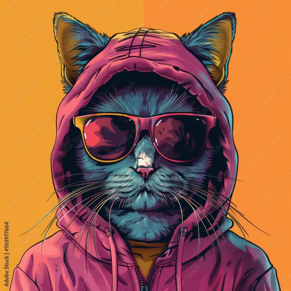 Sticker a cat wearing a hoodie and sunglasses