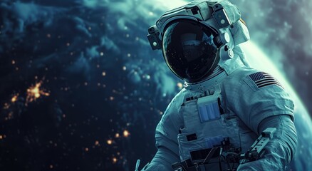 Banner of An astronaut floating in space, with Earth behind him. White spacesuit, sci-fi background, generative AI