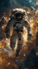 An astronaut floating in space, with galaxy visible behind him. White spacesuit. sci-fi scene. generative AI