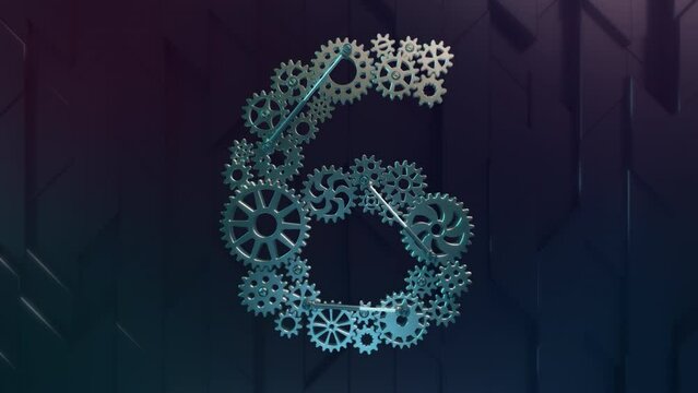 Digit 6 made of industrial metallic and slightly rusted cogwheels of various design and size are driven by hydraulic pistons. 4K Animation on Alpha. 1 of 10 digits of the same design.