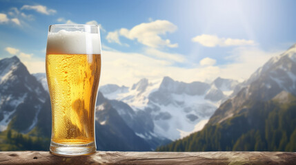 Glass of lager beer on a wooden table with snowy mountain peaks background.