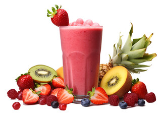 a glass of pink smoothie with fruit
