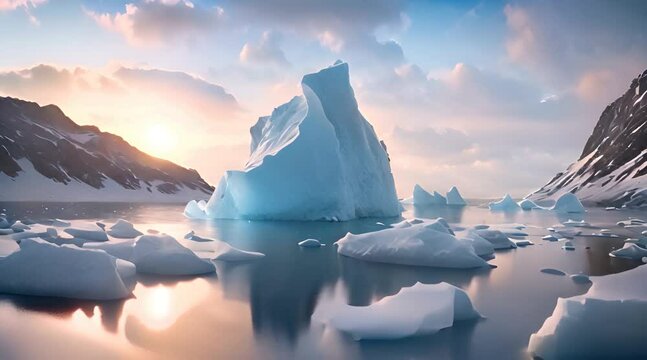 Iceberg fragments on the seashore in arctic