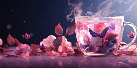 Illustration of a cup of flower tea on a purple background.