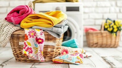 Laundry basket with towels and clothes on the background of a washing machine in the bathroom. Pristine linens and garments, a picture of cleanliness