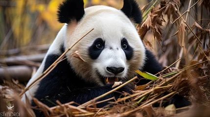 Fotobehang A panda eats a large bamboo stalk. Enchanting panda dining on bamboo delight. © Stavros's son