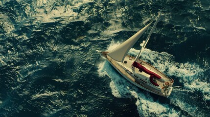 Fototapeta premium Aerial view of a single-mast yacht gliding along the surface of the water in the open sea. The open sea becomes a playground for a yacht, cutting through the waves with elegance.