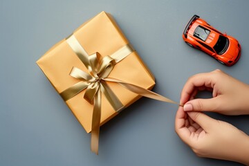 hand tying ribbon on gift box with toy car visible