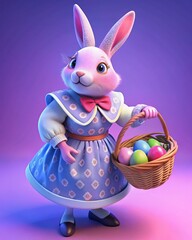 Easter bunny in a blue dress with flowers, and with a basket full of colorful Easter eggs.