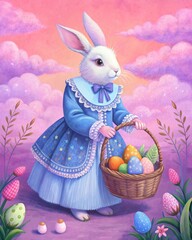 An anthropomorphic Easter bunny in a vintage dress, with a basket full of Easter eggs.