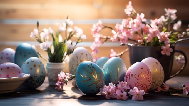 a group of eggs with flowers in a vase