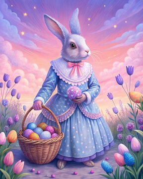 An anthropomorphic Easter bunny in a vintage dress, with a basket full of Easter eggs.