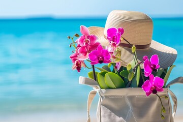 sunhat and bright orchids in a canvas bag against blue ocean background