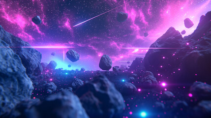 Virtual Reality space world in a block, cube effect. Video Game retro asteroid field. purple, pink and blue lights racing along a digital landscape.