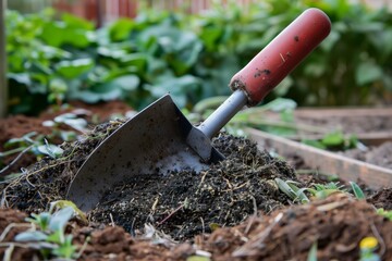 trowel with a heap of compost in a garden setting - obrazy, fototapety, plakaty