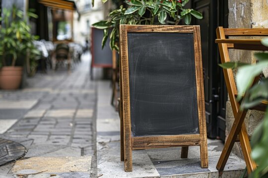Blackboard sign on the sidewalk of a restaurant, coffee shop, information concept, signage.