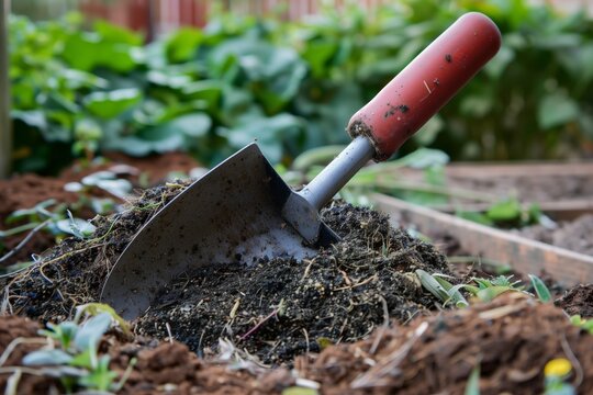 trowel with a heap of compost in a garden setting