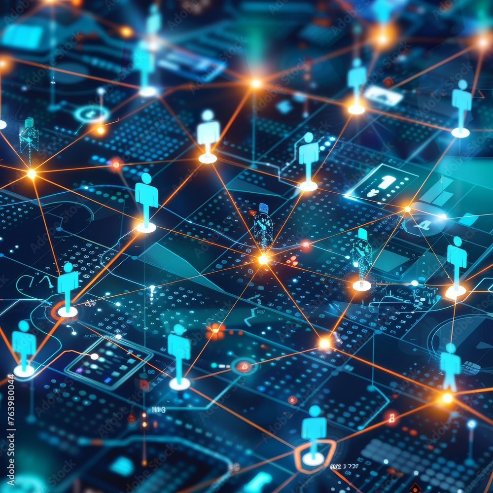 Aufkleber digital representation of a futuristic network with humanoid icons and connectivity lines on a dark 