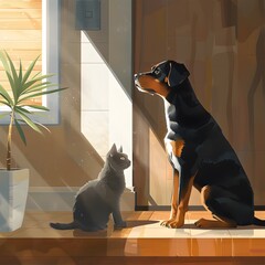 Dog and Cat Sitting on Window Sill