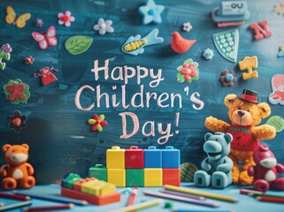 Obraz premium Chalkboard background written Happy Children's Day with blocks and toys.