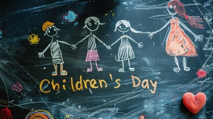 Blackboard with drawings of children holding hands, Children's Day.