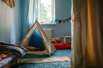 Children's room with camping tent next to the bed, children's day. - obrazy, fototapety, plakaty